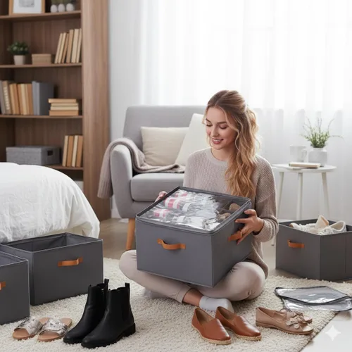 Vista 6 de Caja organizadora de zapatos plegable para armario y debajo de la cama, divisores ajustables, capacidad para hasta 16 pares, apilable, gris