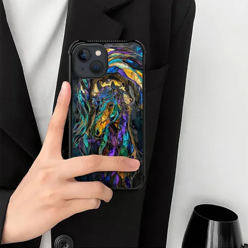 Vista 6 de ZHEGAILIAN Funda compatible con iPhone 15, fundas de caballo de baile de cristal de colores, parte trasera de vidrio templado+funda protectora