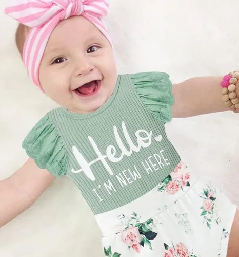 Vista 2 de Ropa de bebé niña, mameluco de encaje con volantes de verano para recién nacido + pantalones cortos florales, 3 piezas, sesión de fotos para niños