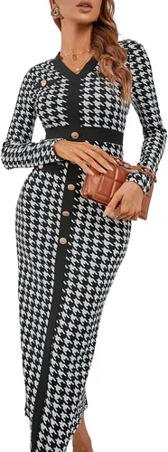 Vista 3 de WDIRARA Vestido largo de manga larga con cuello en V y cuello en V para mujer, diseño de pata de gallo