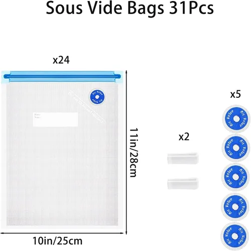 Vista 2 de Sous Vide - Bolsas de 31 unidades (24 bolsas con cremallera al vacío y 2 clips de sellado y 5 válvulas de aire), bolsas reutilizables sin BPA