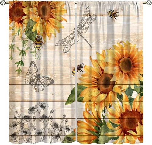 Vista 18 de Sunflower Curtains for Living Room Bedroom, Spring Nature Blue Sky and Butterfly Window Drapes, Rustic Wooden Fence Floral Botanical Decor, 2 Panels