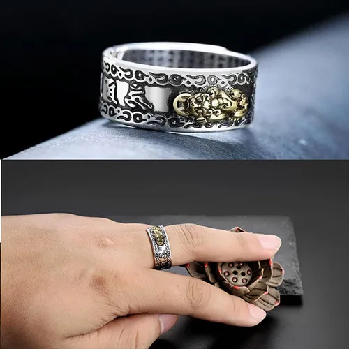 Vista 5 de Angyape Feng Shui Pixiu - Anillo de mantra ajustable budista de buena suerte, mantra, doble protección, riqueza, amor, salud, regalo para hombres