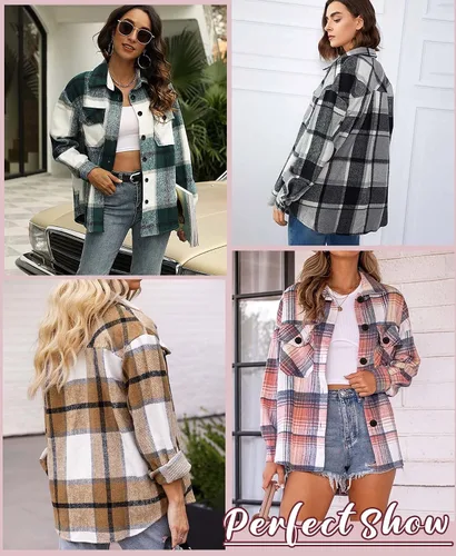 Vista 5 de Chaqueta a cuadros para mujer, casual, con botones, manga larga, ropa de moda para otoño