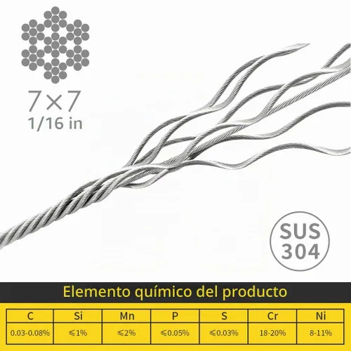 Vista 2 de Cable de alambre de 1/16 de pulgada, cable de acero inoxidable 304 de 100 pies con 50 fundas de engarzado, grado aeronáutico, hebra de 7x7