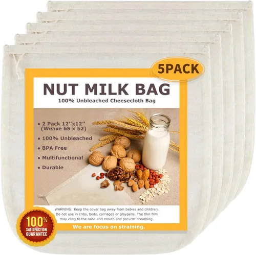 Vista 4 de Bolsas de leche de nueces, bolsas de estopilla naturales, 12 x 12 pulgadas, paquete de 2, bolsas de tela 100% algodón sin blanquear