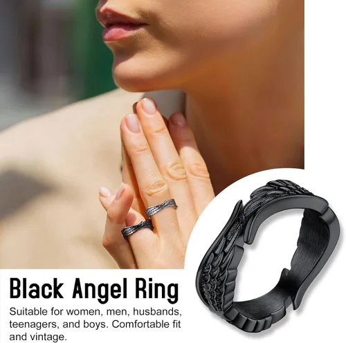 Vista 4 de Bestyle Anillos de ala de ángel antiguos para mujeres y hombres, anillos de banda de plumas de guardián, anillos de promesa de pareja