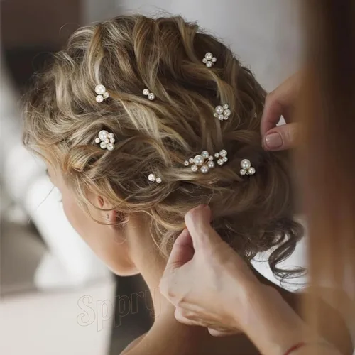 Vista 3 de Juego de 9 horquillas de boda con perlas en forma de U para mujeres nupciales (dorado) Diseño único, accesorios elegantes para el cabello