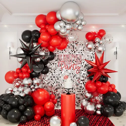 Vista 11 de Kit de arco de guirnalda de globos negros y plateados, 146 globos metálicos plateados y negros con globos plateados de papel de aluminio de estrella