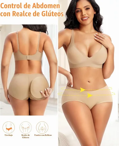 Vista 6 de DERCA Bragas con levantamiento de glúteos, ropa interior acolchada para mujer, sin costuras, para realzar los glúteos 2-Beige