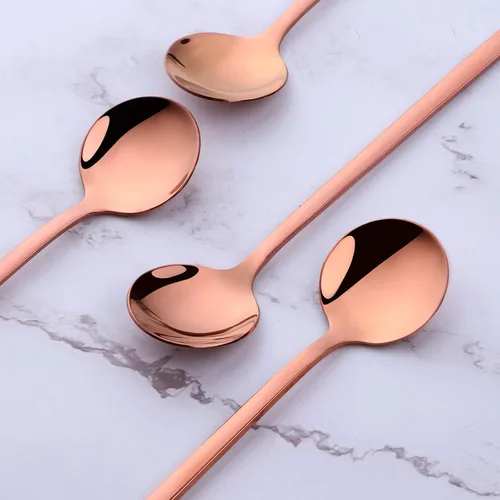 Vista 3 de Juego de 8 cucharas de café pequeñas de acero inoxidable 18/10 de oro rosa para té, postre, aperitivo, 5.1 pulgadas