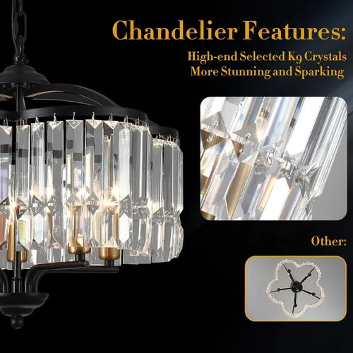 Vista 8 de Lámpara de Araña de Cristal Moderna para Comedor - 5 Luces Ajustables Negra Estilo Granja Accesorio de Luz Colgante para Vestíbulo Dormitorio Sala