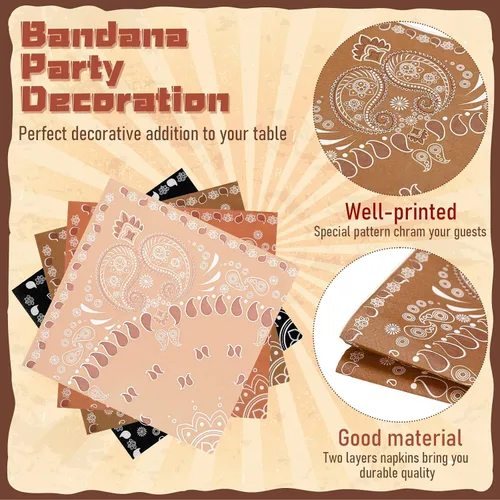 Vista 3 de Teling 200 servilletas tipo bandana del oeste, servilletas de cóctel de cachemira marrón para decoración de fiesta de vaquero, vaquera, salvaje