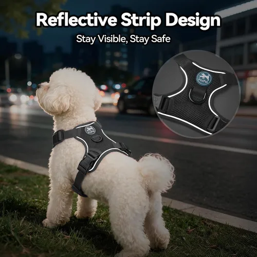 Vista 5 de PoyPet - Arnés para perro reflectante de malla suave y transpirable, chaleco doble acolchado sin estrangulamiento, ajustable (negro, XS)