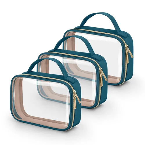 Vista 26 de Bolsa de aseo transparente Wedama, paquete de 2 bolsas de maquillaje transparentes con asas, bolsas cosméticas de PVC para mujeres y hombres, bolsas