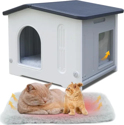Vista 2 de Casa para gatos al aire libre con puerta de escape, casa para gatos con alfombrilla de autocalentamiento, casa para gatos al aire libre, casa grande