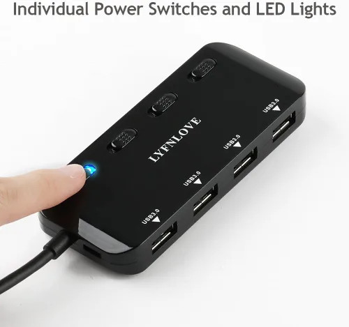 Vista 2 de Ultra Slim USB Hub 3.0, 4 puertos USB Splitter USB de alta velocidad con interruptores de encendido y apagado individuales para laptop, computadora