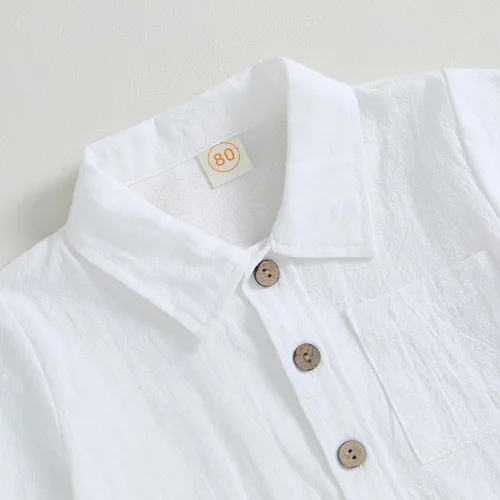 Vista 4 de AEEMCEM Conjunto de 2 piezas de camisa y pantalones cortos de algodón de lino de algodón de color liso para niños pequeños