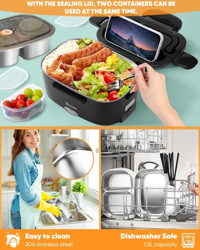 Vista 3 de Eocolz Fiambrera eléctrica calentador de alimentos de 80-100 W, calentador de alimentos con doble contenedor, 1.5L, lonchera portátil calentada