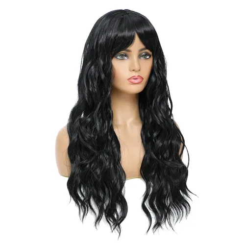 Vista 3 de SWACC Peluca larga y rizada ondulada con flequillo peluca de pelo sintético para mujeres con gorra de peluca (negro)