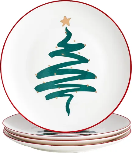 Vista 9 de Platos de Cena de Navidad de China Ósea - Platos de Postre - Platos de Ensalada Juego de 4, Apto para Lavavajillas (Rayado, 20.3 cm)