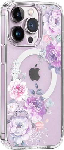 Vista 13 de Funda magnética transparente para iPhone 13 [compatible con cargador MagSafe] Gardenia patrón de estampado floral delgado antiarañazos para mujeres