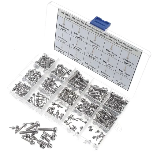 Vista 2 de M2 M2.5 M3 M4 M5 M6 Tornillos de cabeza Phillips de acero inoxidable combinados con arandelas de resorte y arandelas lisas 195pcs 304 stainless