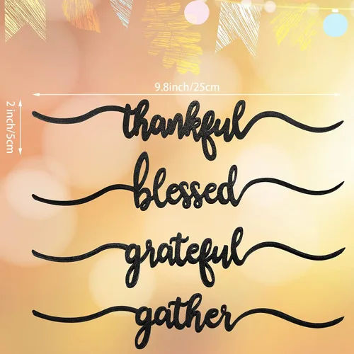 Vista 2 de Jetec 8 letreros de madera con recorte de Acción de Gracias, letrero de madera recortada con texto en inglés "Grateful Blessed Gather", decoración