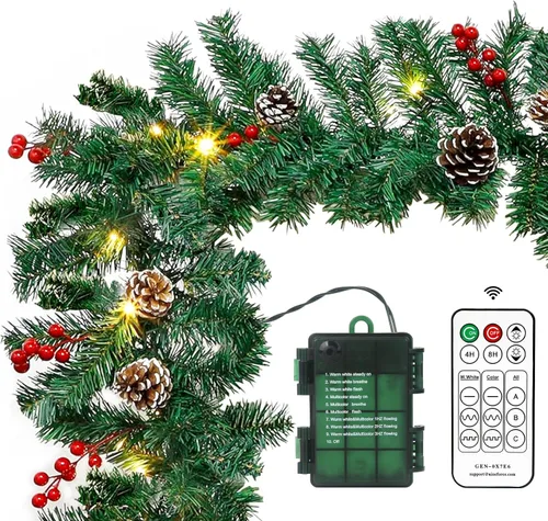 Vista 12 de Guirnalda de Navidad de 6 pies de pino de Norfolk preiluminada con bayas rojas y bolas de cedro, luces LED y control remoto – Guirnalda iluminada a
