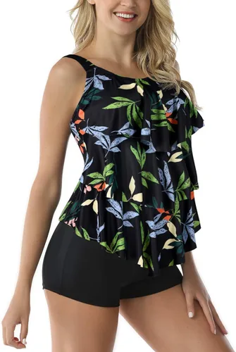 Vista 4 de Septangle - Traje de baño tankini de 2 piezas para mujer, diseño con volados y culotte