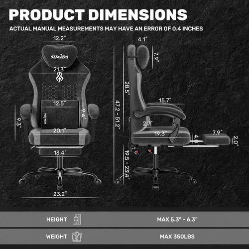 Vista 3 de SUKIDA Silla ergonómica de videojuegos de tela, sillas ergonómicas de respaldo alto para juegos de computadora con gran masaje ajustable, soporte