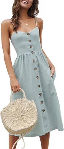 Vista 45 de Angashion - Vestido floral de verano estilo bohemio para mujer, con botones, bolsillos y tiras ajustables