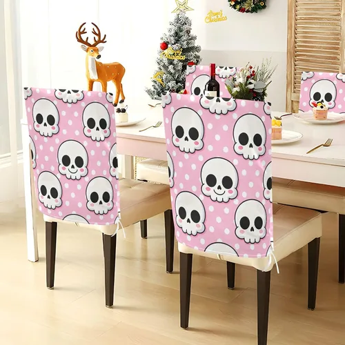 Vista 3 de Juego de 2 fundas para silla de banquete decorativas con diseño de calavera blanca para sillas de comedor