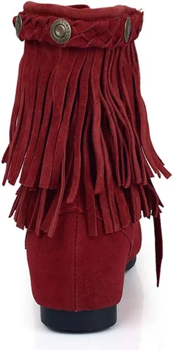 Vista 3 de Classic Fringe Moccasin Boots Ankle High Women Low Heel Booties