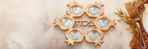 Vista 9 de Impresionante juego de seder de Pascua de granada – Plato artístico de seder con forma de granada y 6 platos de vidrio, cubierta de matzo de seda