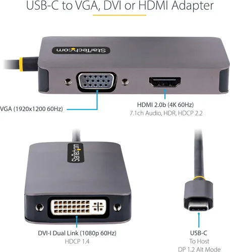 Vista 3 de StarTech Adaptador USB-C a HDMI/DVI/VGA, 4K 60Hz (118-USBC-HDMI-VGADVI)