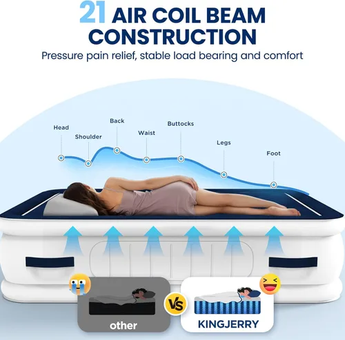 Vista 6 de KINGJERRY Colchón de aire doble con bomba integrada y 4 asas portátiles, colchón inflable elevado de 18 pulgadas para invitados, cama de aire
