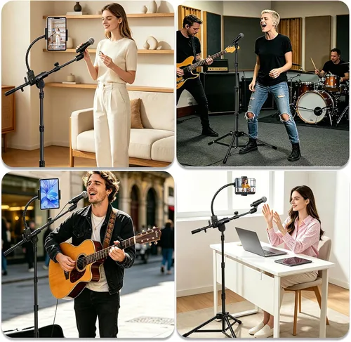 Vista 8 de GUITTO Soporte de piso para micrófono con soporte para teléfono/tableta, soporte de micrófono ajustable con base resistente, soporte de doble