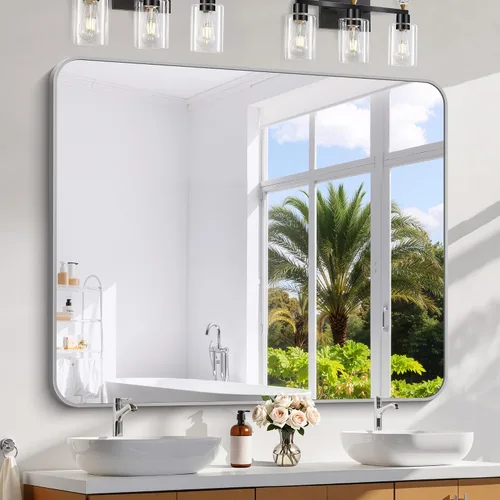 Vista 36 de Espejo de baño negro, espejos cuadrados de 18 x 18 pulgadas para pared, marco de metal, espejo de tocador de esquina redondeada para sobre