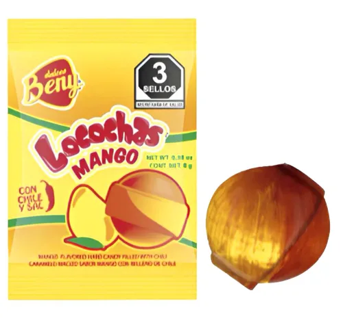 Vista 3 de BENY LOCOCHAS PEG BOLSA DURO DE CARAMELO CON CENTRO DE CHILI EN POLVO DE 5.1 oz, 18 unidades (MANGO)