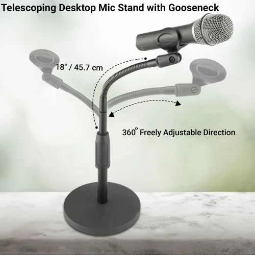 Vista 2 de Soporte telescópico de micrófono de cuello de cisne de escritorio, ajustable de 12 a 18 ″ de altura con brazo flexible de 6 pulgadas, base pesada