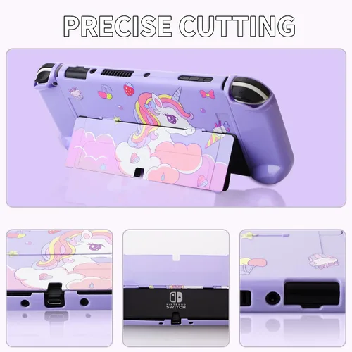 Vista 5 de Bolsa de viaje OLED para Nintendo Switch con 10 ranuras para tarjetas, funda de transporte anticaídas con cubierta rígida protectora de unicornio