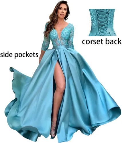 Vista 2 de Vestidos largos de satén para baile de graduación, color rosa con bolsillos, ilusión, escote en V, abertura lateral, vestido formal de encaje simple