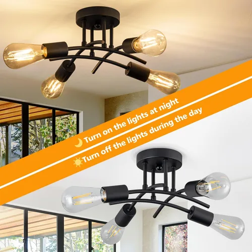 Vista 2 de Lámpara industrial de techo semiempotrada de 4 luces, moderna lámpara negra para cerca del techo, lámpara de araña con base E26, lámpara colgante