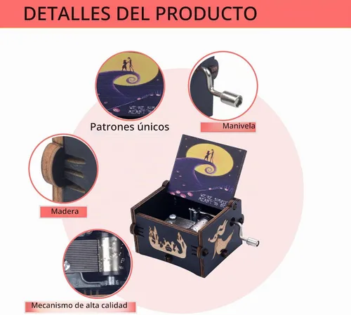 Vista 4 de Ddjbdb Caja musical de madera con manivela para regalo del día de San Valentín, melodía - This is Halloween, patrón de impresión, simplemente
