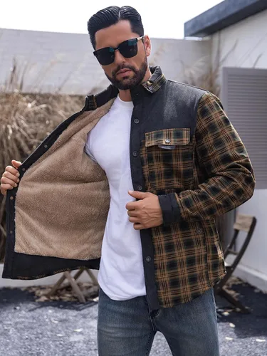 Vista 5 de Zaitun Camisa de franela de pana con forro de sherpa para hombre, chaqueta de manga larga con botones, abrigo de forro polar para hombre con bolsillo