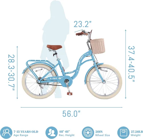 Vista 2 de 20 Inch Girls Bike Ages 8-12, 20 Inch Bike with Basket and Kickstand, Single Speed Girls Bikes Kids Bicycle with Front and Rear Brakes, Children