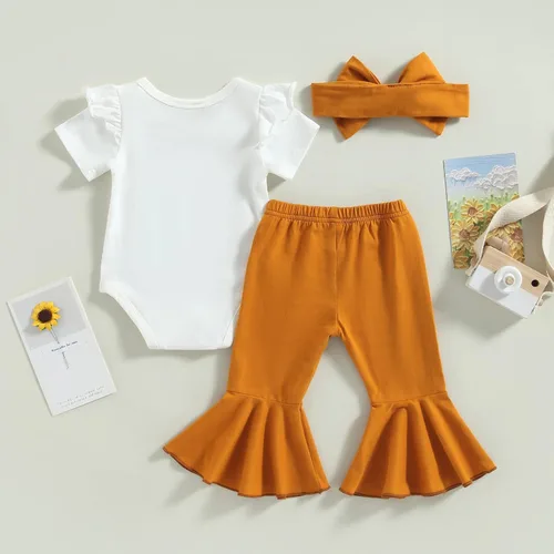 Vista 25 de Conjunto de ropa de bebé occidental para niñas, con estampado de vaca, pantalón y diadema