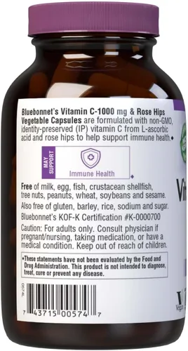 Vista 3 de Bluebonnet Nutrition Vitamina C-1000 mg Plus Rose HIPS cápsulas vegetales para salud inmunológica, para protección antioxidante, sin soja, sin