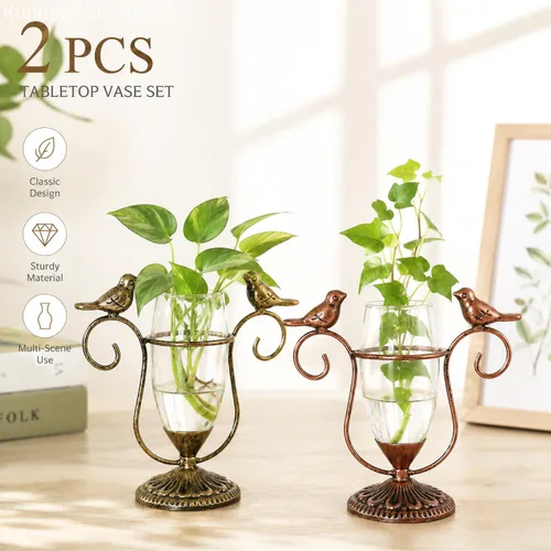 Vista 4 de Paquete de 2 Terrarios de Plantas de Escritorio, Jarrón de Vidrio con Arte de Pájaros para Propagación, Macetas de Propagación con Marco de Metal